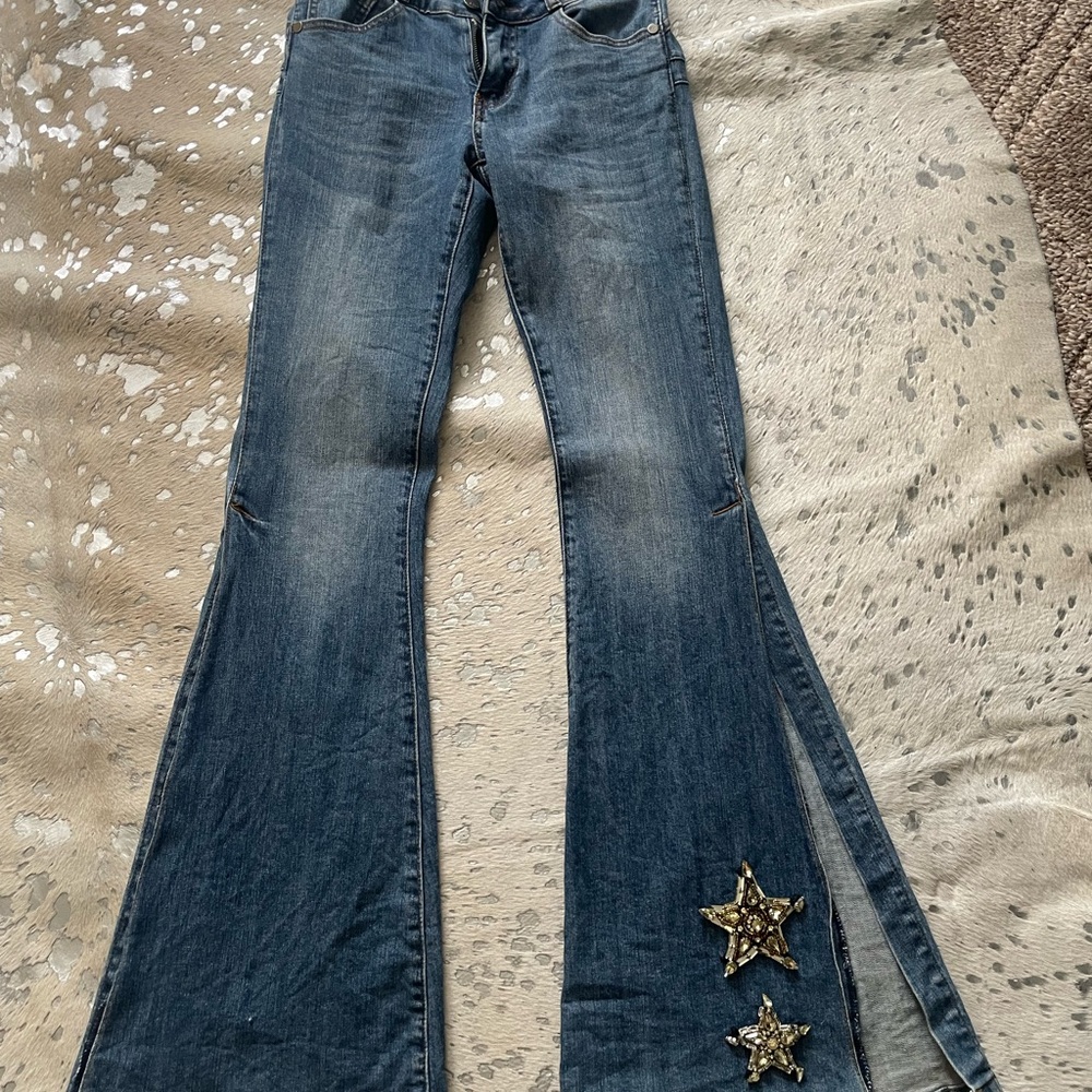 Denim Flare Jeans with Star Accents